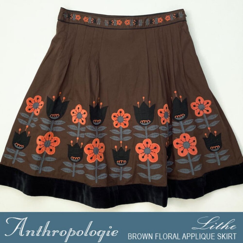 Anthro Brown Floral Applique Flare Skirt Size 6